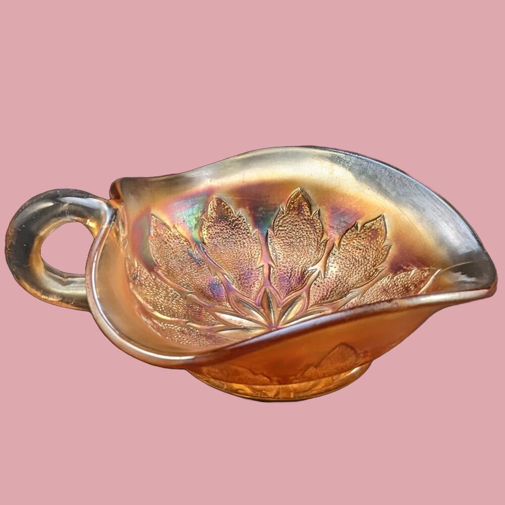 Antique 1900s Dugan 5" Glass Iridescent Marigold "Leaf Rays" Nappy Dish
